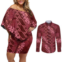 Maroon Aloha Hawaii Couples Matching Off Shoulder Short Dress and Long Sleeve Button Shirt Hawaiian Kakau Ohia Lehua Lei - Polynesian Pride