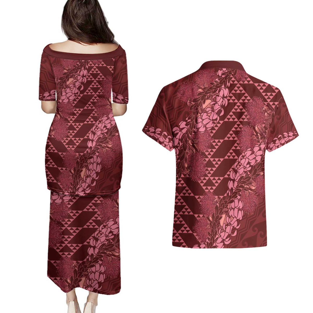 Maroon Aloha Hawaii Couples Matching Puletasi and Hawaiian Shirt Hawaiian Kakau Ohia Lehua Lei - Polynesian Pride