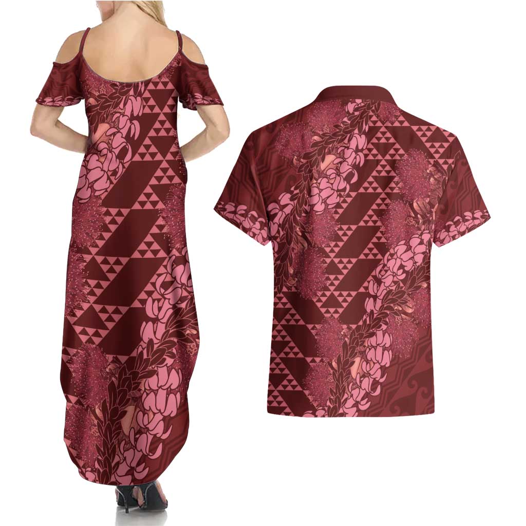 Maroon Aloha Hawaii Couples Matching Summer Maxi Dress and Hawaiian Shirt Hawaiian Kakau Ohia Lehua Lei - Polynesian Pride