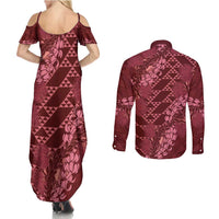 Maroon Aloha Hawaii Couples Matching Summer Maxi Dress and Long Sleeve Button Shirt Hawaiian Kakau Ohia Lehua Lei - Polynesian Pride