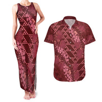 Maroon Aloha Hawaii Couples Matching Tank Maxi Dress and Hawaiian Shirt Hawaiian Kakau Ohia Lehua Lei - Polynesian Pride