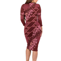 Maroon Aloha Hawaii Family Matching Long Sleeve Bodycon Dress and Hawaiian Shirt Hawaiian Kakau Ohia Lehua Lei - Polynesian Pride