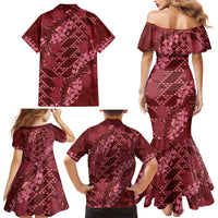 Maroon Aloha Hawaii Family Matching Mermaid Dress and Hawaiian Shirt Hawaiian Kakau Ohia Lehua Lei - Polynesian Pride