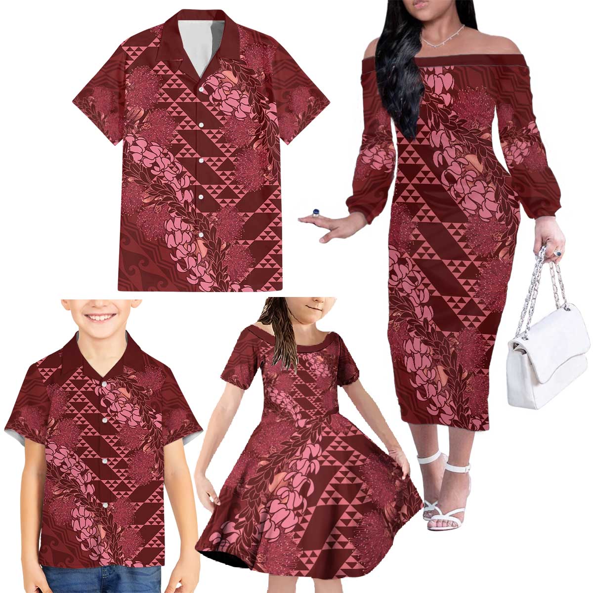 Maroon Aloha Hawaii Family Matching Off The Shoulder Long Sleeve Dress and Hawaiian Shirt Hawaiian Kakau Ohia Lehua Lei - Polynesian Pride