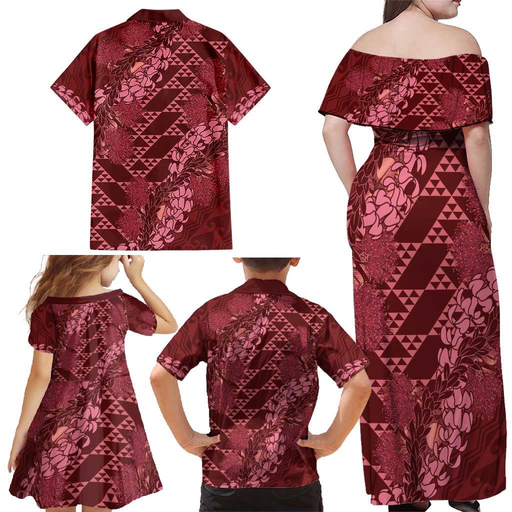 Maroon Aloha Hawaii Family Matching Off Shoulder Maxi Dress and Hawaiian Shirt Hawaiian Kakau Ohia Lehua Lei - Polynesian Pride