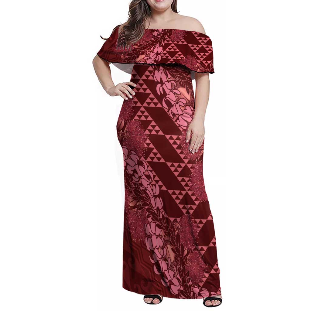 Maroon Aloha Hawaii Family Matching Off Shoulder Maxi Dress and Hawaiian Shirt Hawaiian Kakau Ohia Lehua Lei - Polynesian Pride