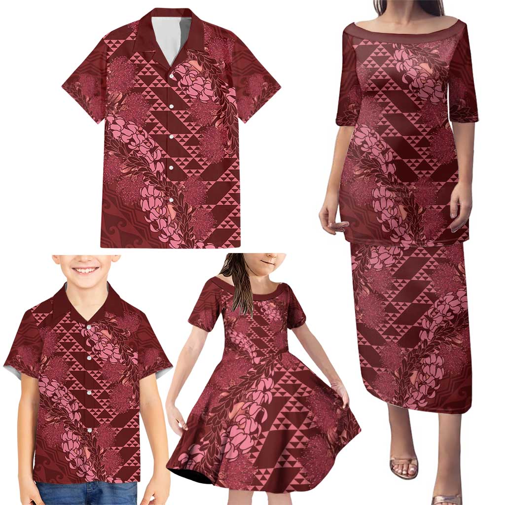 Maroon Aloha Hawaii Family Matching Puletasi and Hawaiian Shirt Hawaiian Kakau Ohia Lehua Lei - Polynesian Pride