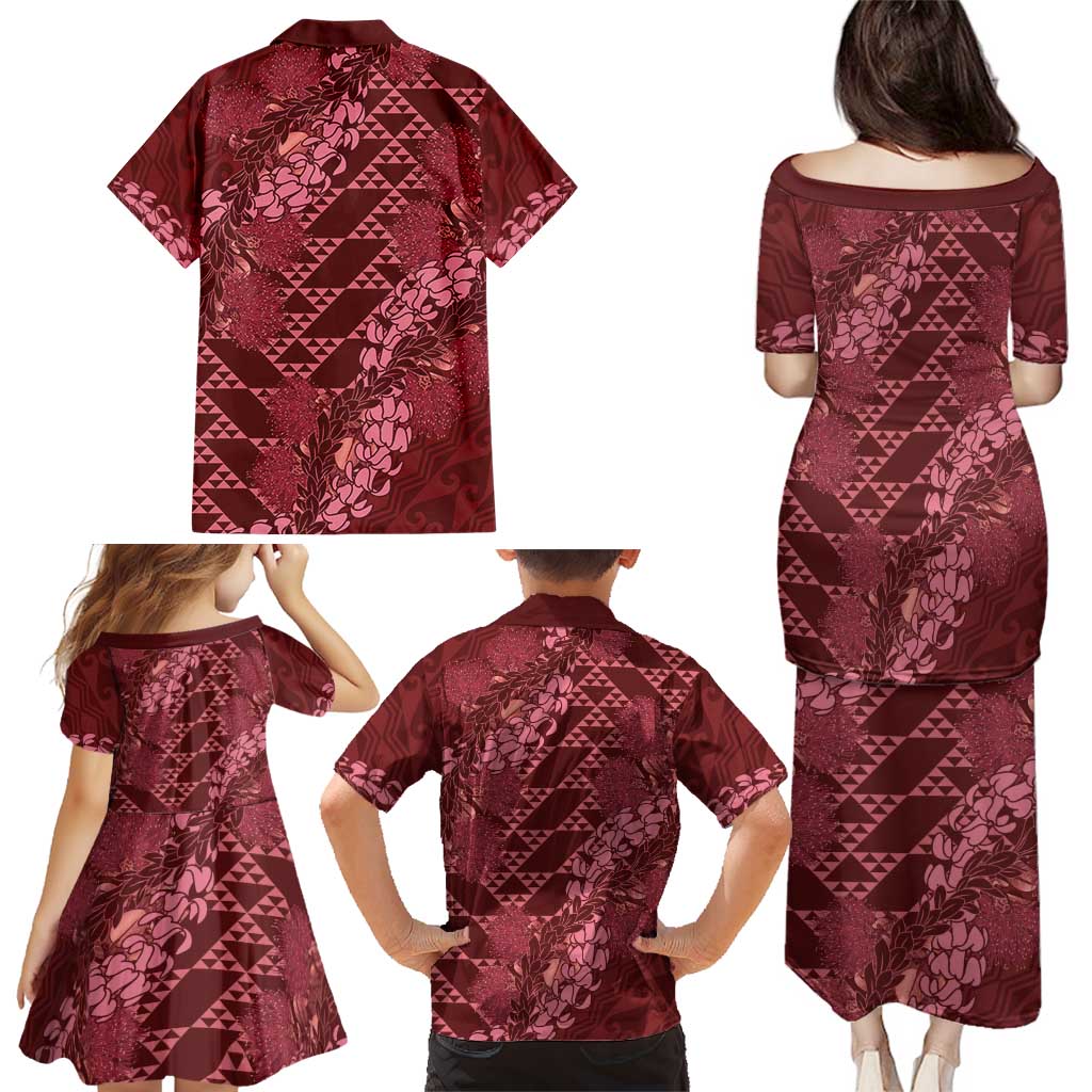 Maroon Aloha Hawaii Family Matching Puletasi and Hawaiian Shirt Hawaiian Kakau Ohia Lehua Lei - Polynesian Pride