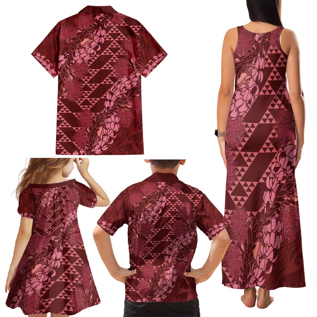 Maroon Aloha Hawaii Family Matching Tank Maxi Dress and Hawaiian Shirt Hawaiian Kakau Ohia Lehua Lei - Polynesian Pride