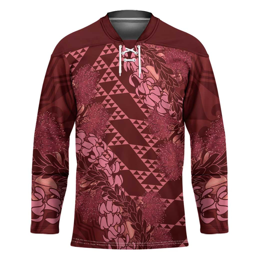 Maroon Aloha Hawaii Hockey Jersey Hawaiian Kakau Ohia Lehua Lei - Polynesian Pride