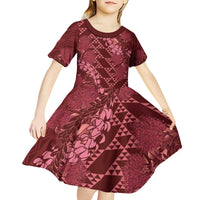 Maroon Aloha Hawaii Kid Short Sleeve Dress Hawaiian Kakau Ohia Lehua Lei - Polynesian Pride