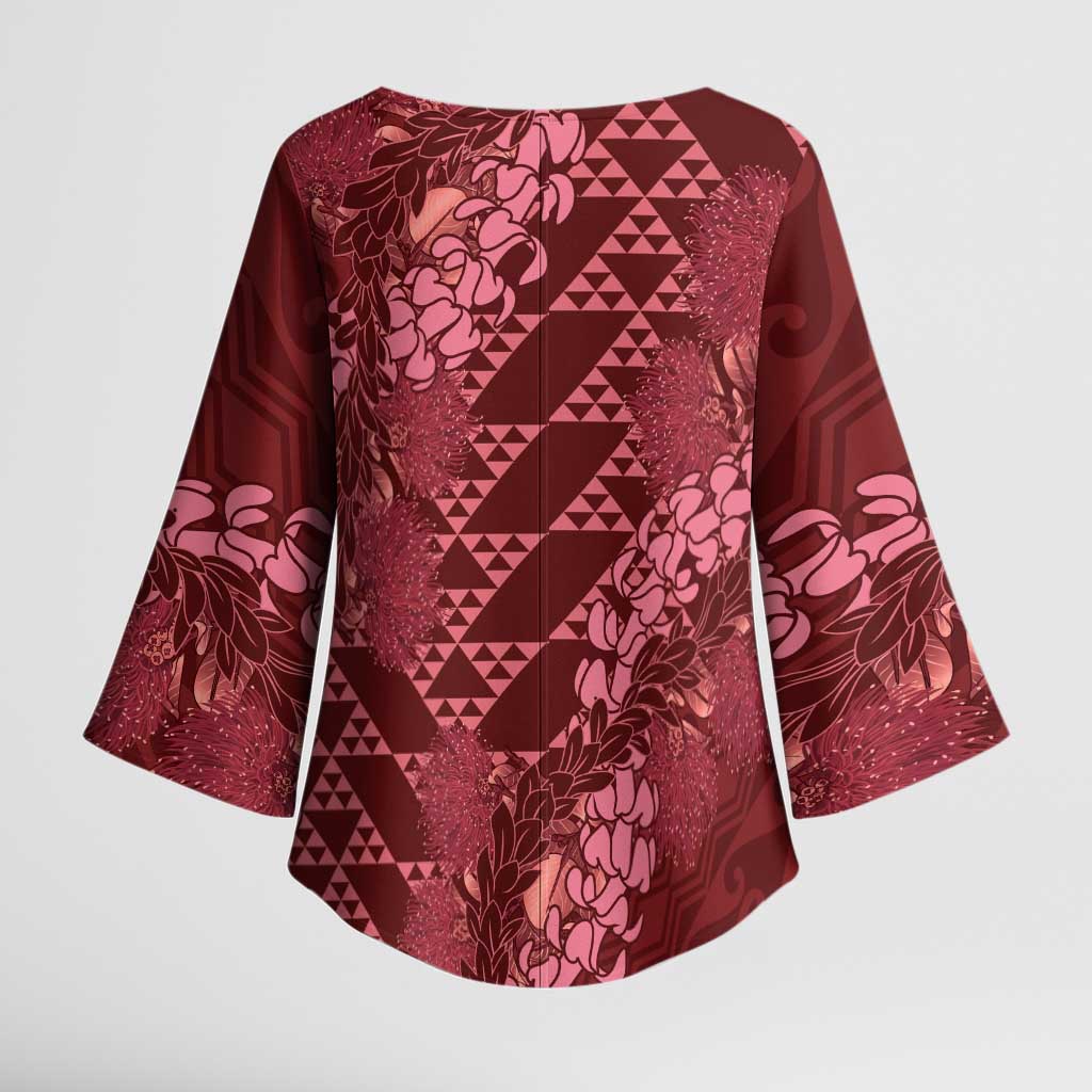 Maroon Aloha Hawaii Kimono Sleeve Blouse Hawaiian Kakau Ohia Lehua Lei - Polynesian Pride