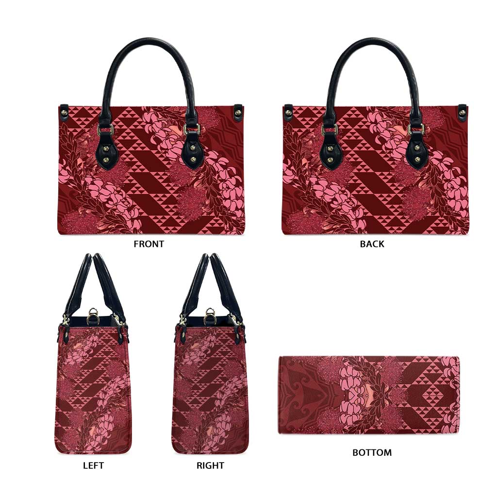 Maroon Aloha Hawaii Leather Bag Hawaiian Kakau Ohia Lehua Lei - Polynesian Pride