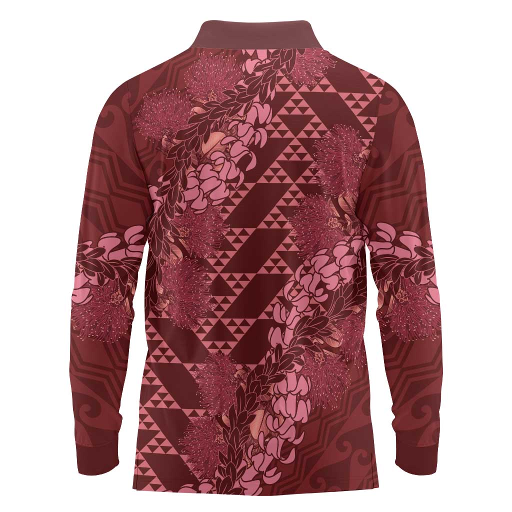 Maroon Aloha Hawaii Long Sleeve Polo Shirt Hawaiian Kakau Ohia Lehua Lei - Polynesian Pride