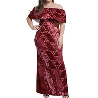 Maroon Aloha Hawaii Off Shoulder Maxi Dress Hawaiian Kakau Ohia Lehua Lei - Polynesian Pride