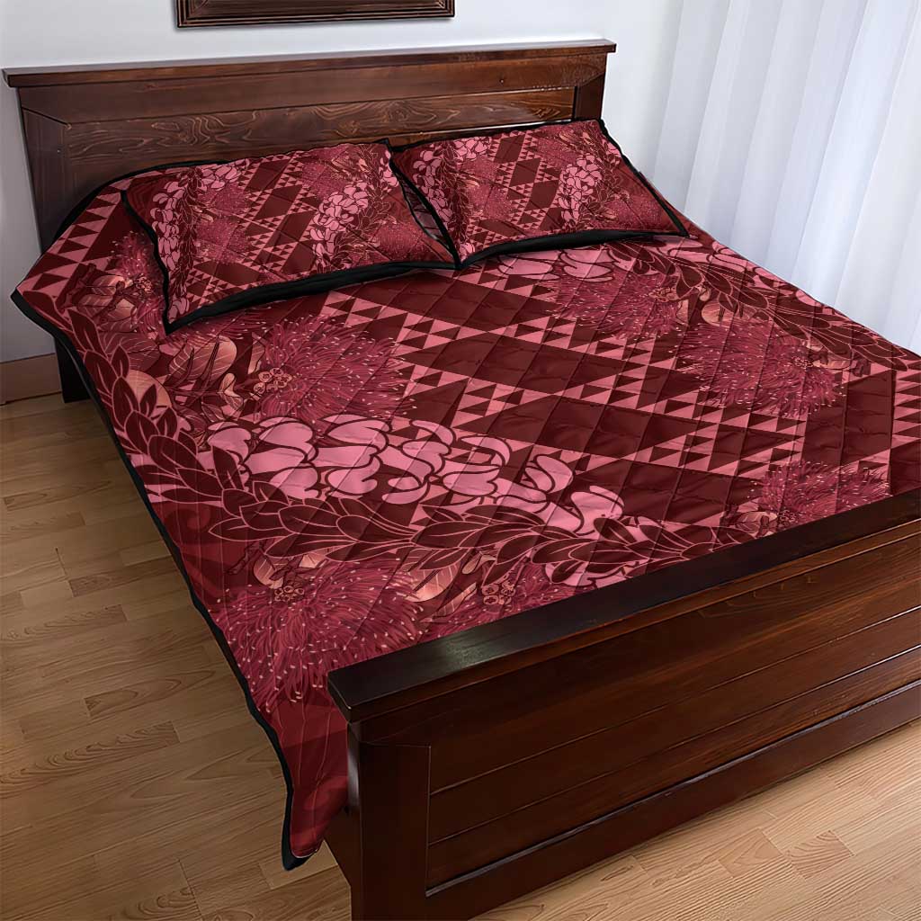 Maroon Aloha Hawaii Quilt Bed Set Hawaiian Kakau Ohia Lehua Lei - Polynesian Pride