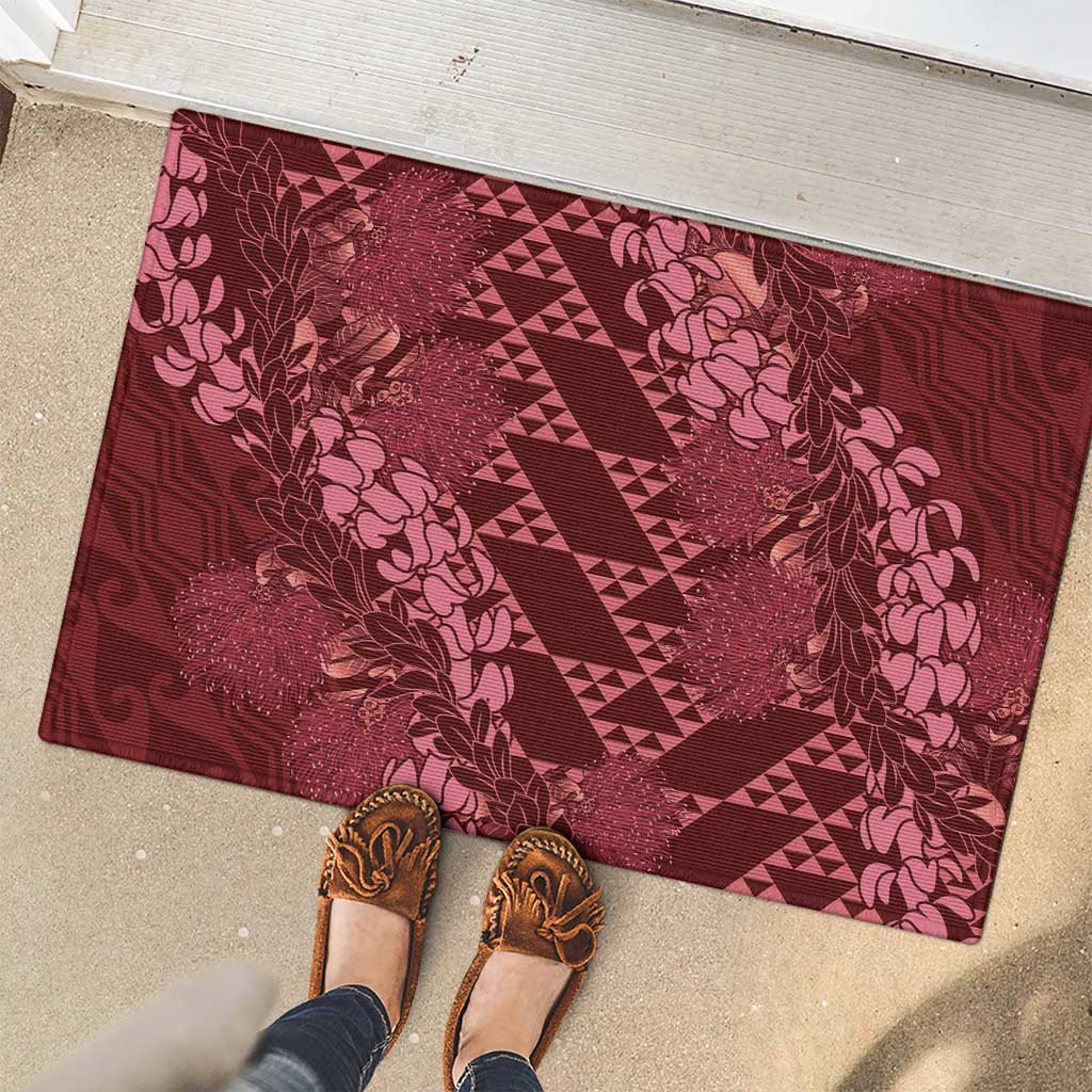 Maroon Aloha Hawaii Rubber Doormat Hawaiian Kakau Ohia Lehua Lei - Polynesian Pride
