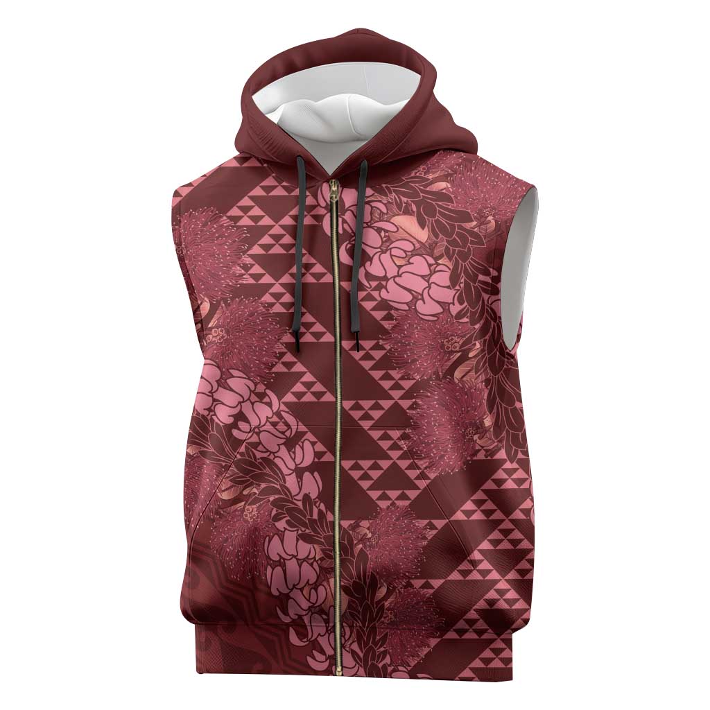 Maroon Aloha Hawaii Sleeveless Zip Hoodie Hawaiian Kakau Ohia Lehua Lei - Polynesian Pride