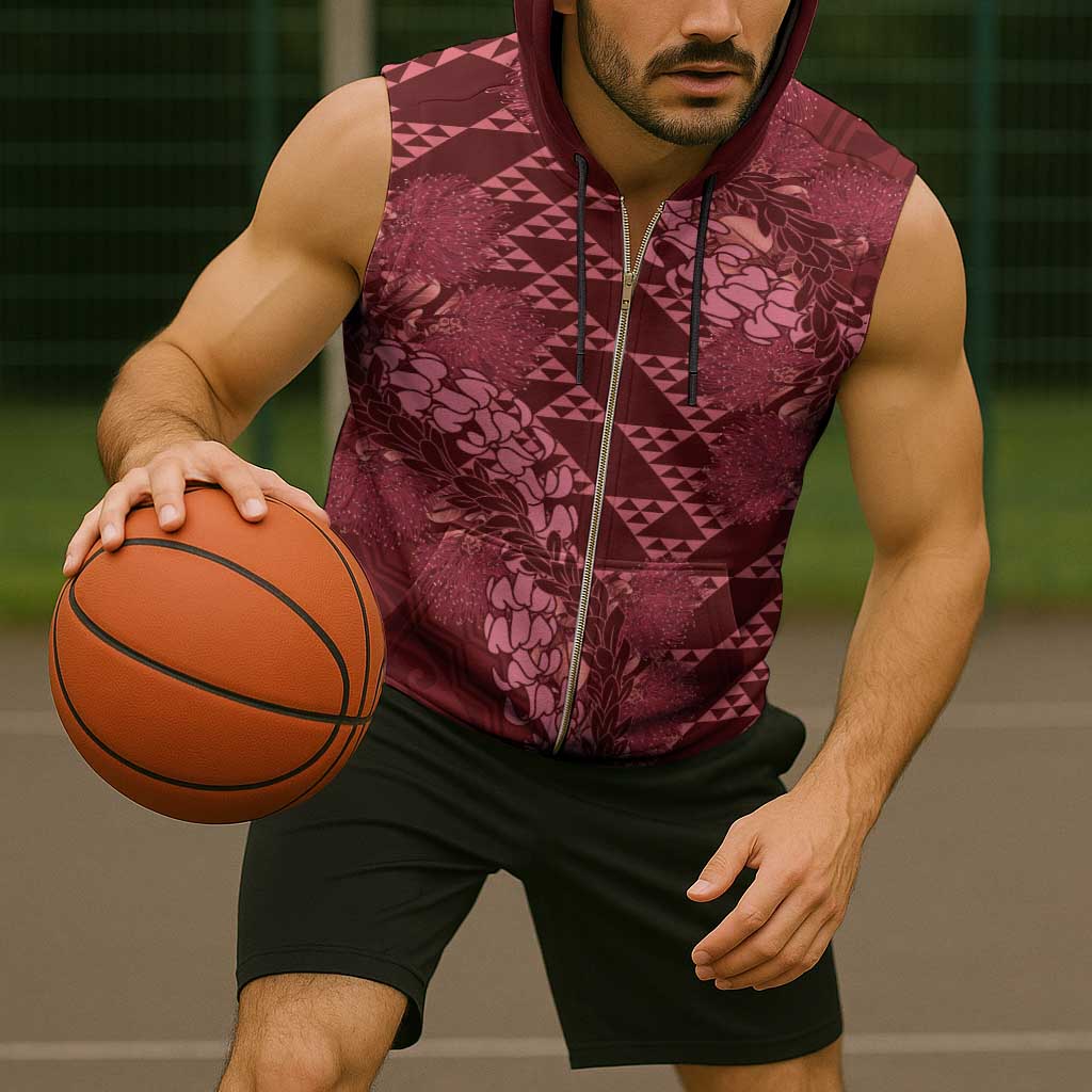 Maroon Aloha Hawaii Sleeveless Zip Hoodie Hawaiian Kakau Ohia Lehua Lei - Polynesian Pride