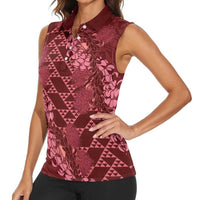 Maroon Aloha Hawaii Women Sleeveless Polo Shirt Hawaiian Kakau Ohia Lehua Lei - Polynesian Pride
