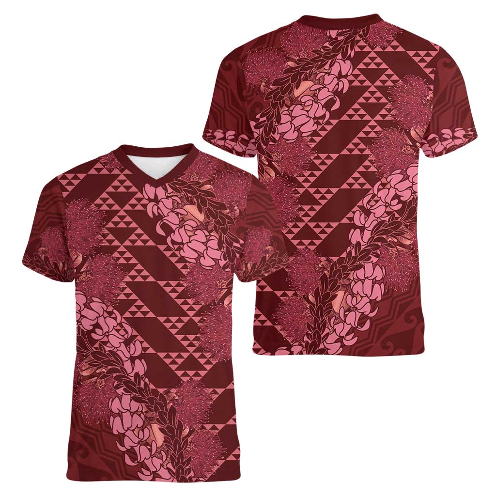 Maroon Aloha Hawaii Women V-Neck T-Shirt Hawaiian Kakau Ohia Lehua Lei - Polynesian Pride