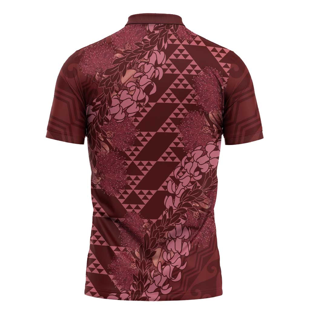 Maroon Aloha Hawaii Zipper Polo Shirt Hawaiian Kakau Ohia Lehua Lei - Polynesian Pride