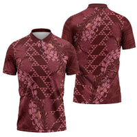 Maroon Aloha Hawaii Zipper Polo Shirt Hawaiian Kakau Ohia Lehua Lei - Polynesian Pride