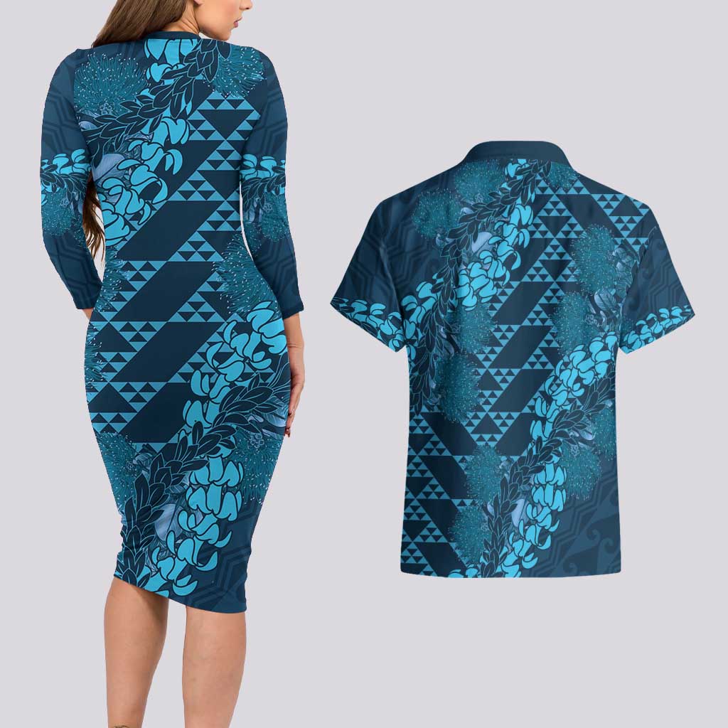 Naval Night Aloha Hawaii Couples Matching Long Sleeve Bodycon Dress and Hawaiian Shirt Hawaiian Kakau Ohia Lehua Lei - Polynesian Pride