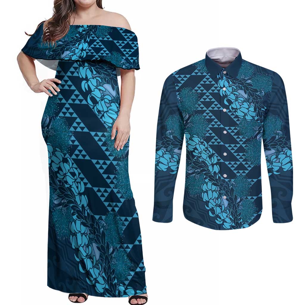 Naval Night Aloha Hawaii Couples Matching Off Shoulder Maxi Dress and Long Sleeve Button Shirt Hawaiian Kakau Ohia Lehua Lei - Polynesian Pride