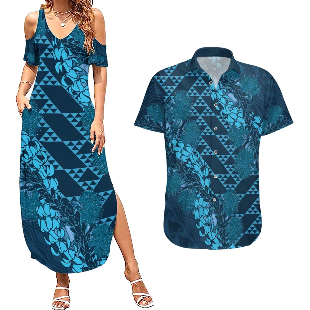 Naval Night Aloha Hawaii Couples Matching Summer Maxi Dress and Hawaiian Shirt Hawaiian Kakau Ohia Lehua Lei - Polynesian Pride