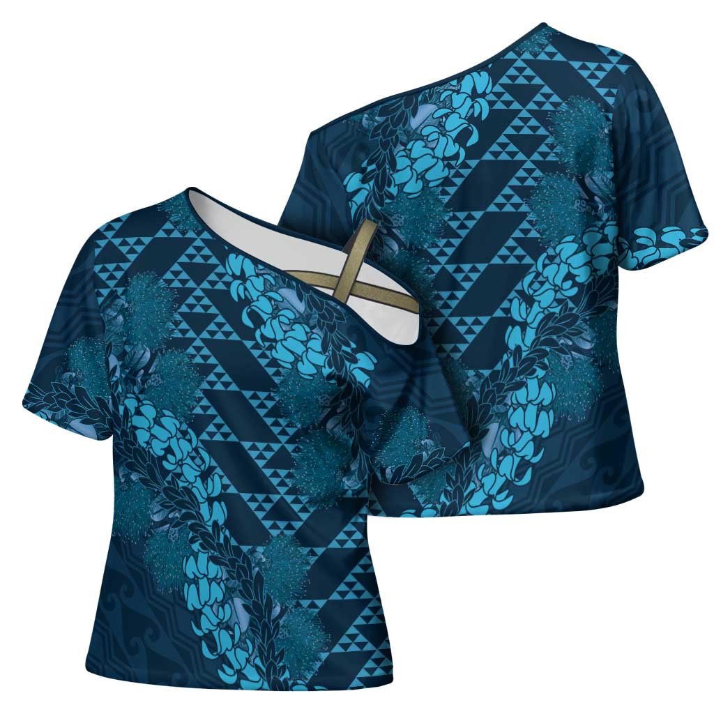 Naval Night Aloha Hawaii Cross Shoulder Shirt Hawaiian Kakau Ohia Lehua Lei - Polynesian Pride