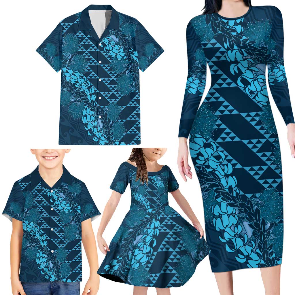 Naval Night Aloha Hawaii Family Matching Long Sleeve Bodycon Dress and Hawaiian Shirt Hawaiian Kakau Ohia Lehua Lei - Polynesian Pride