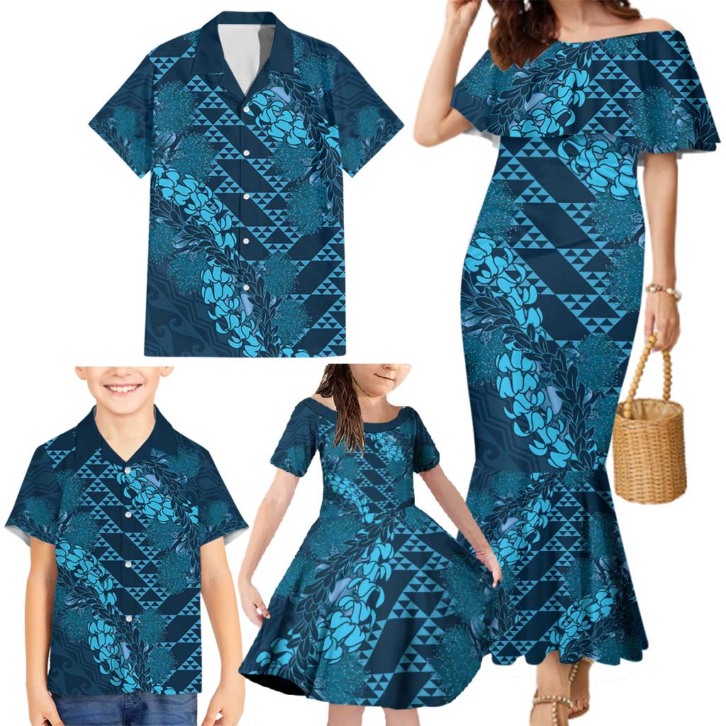 Naval Night Aloha Hawaii Family Matching Mermaid Dress and Hawaiian Shirt Hawaiian Kakau Ohia Lehua Lei - Polynesian Pride