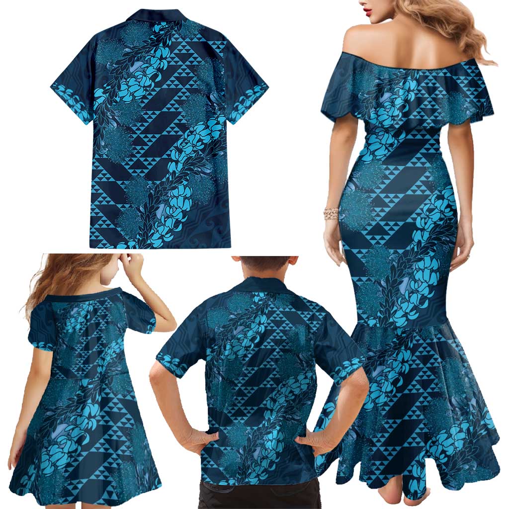 Naval Night Aloha Hawaii Family Matching Mermaid Dress and Hawaiian Shirt Hawaiian Kakau Ohia Lehua Lei - Polynesian Pride