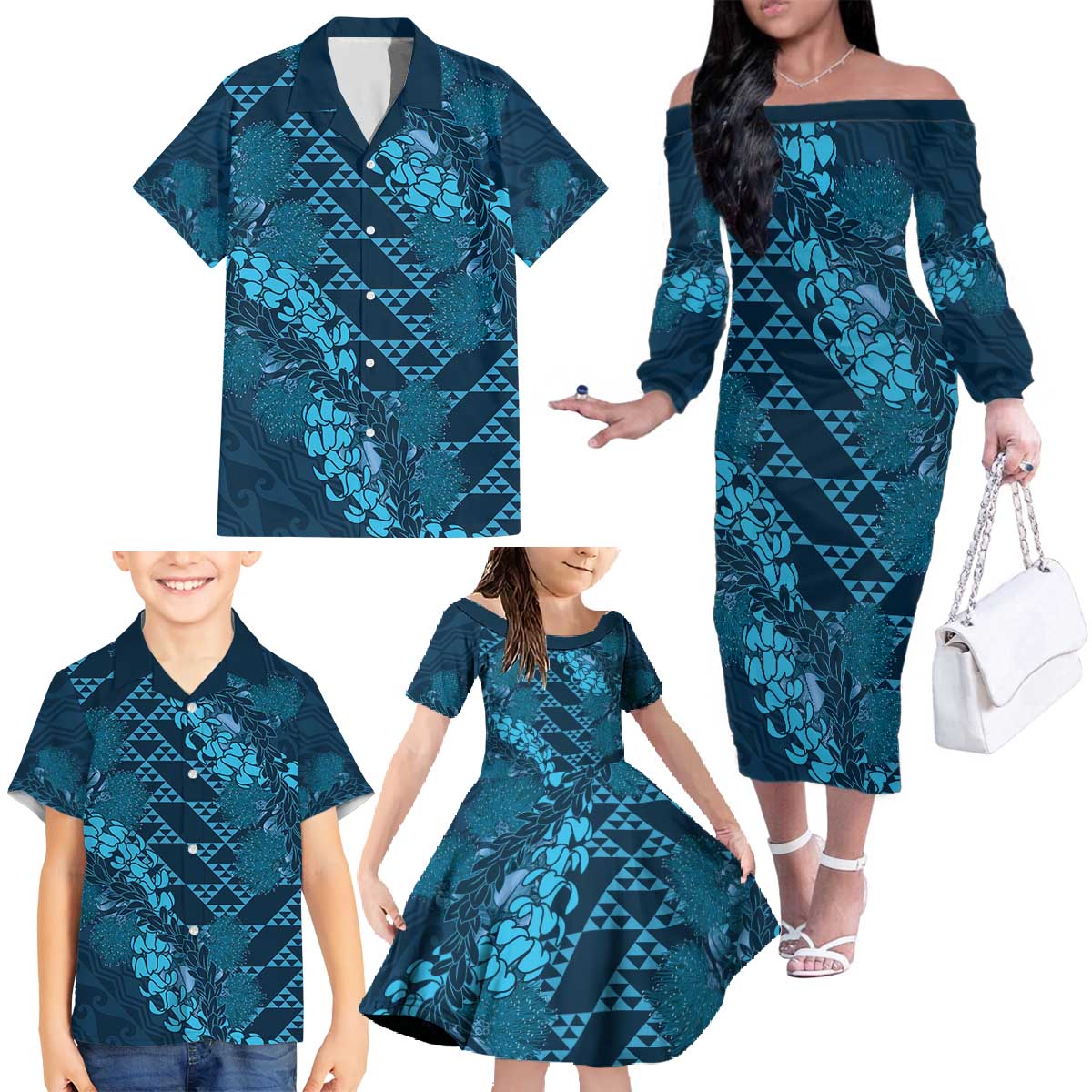 Naval Night Aloha Hawaii Family Matching Off The Shoulder Long Sleeve Dress and Hawaiian Shirt Hawaiian Kakau Ohia Lehua Lei - Polynesian Pride