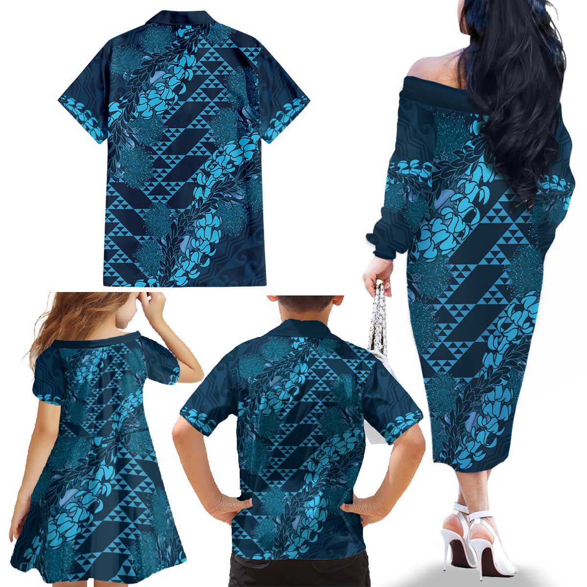 Naval Night Aloha Hawaii Family Matching Off The Shoulder Long Sleeve Dress and Hawaiian Shirt Hawaiian Kakau Ohia Lehua Lei - Polynesian Pride