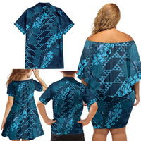 Naval Night Aloha Hawaii Family Matching Off Shoulder Short Dress and Hawaiian Shirt Hawaiian Kakau Ohia Lehua Lei - Polynesian Pride
