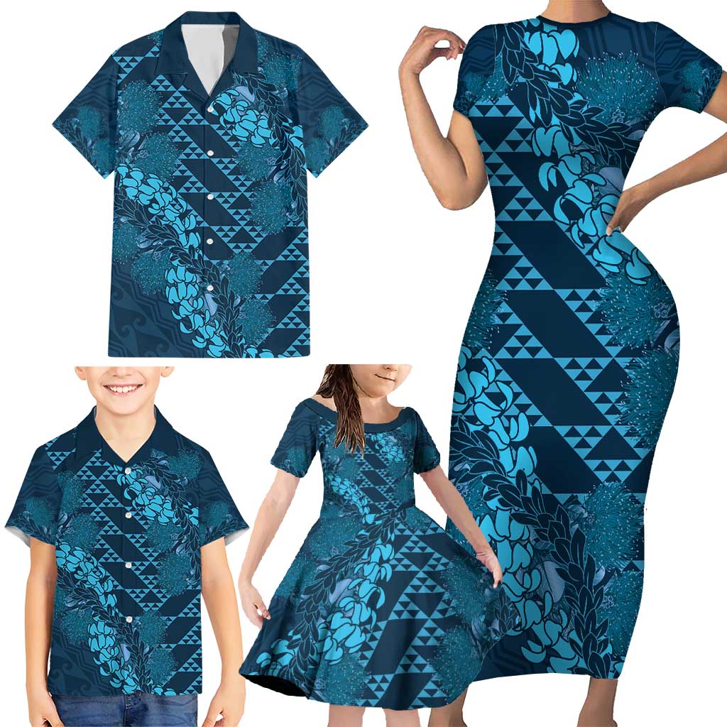 Naval Night Aloha Hawaii Family Matching Short Sleeve Bodycon Dress and Hawaiian Shirt Hawaiian Kakau Ohia Lehua Lei - Polynesian Pride