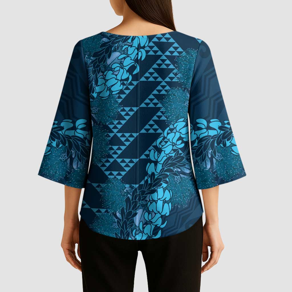 Naval Night Aloha Hawaii Kimono Sleeve Blouse Hawaiian Kakau Ohia Lehua Lei - Polynesian Pride