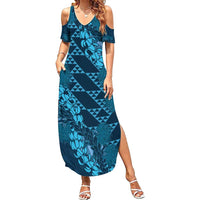 Naval Night Aloha Hawaii Summer Maxi Dress Hawaiian Kakau Ohia Lehua Lei - Polynesian Pride