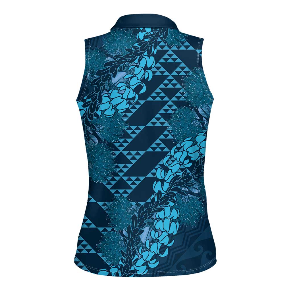 Naval Night Aloha Hawaii Women Sleeveless Polo Shirt Hawaiian Kakau Ohia Lehua Lei - Polynesian Pride