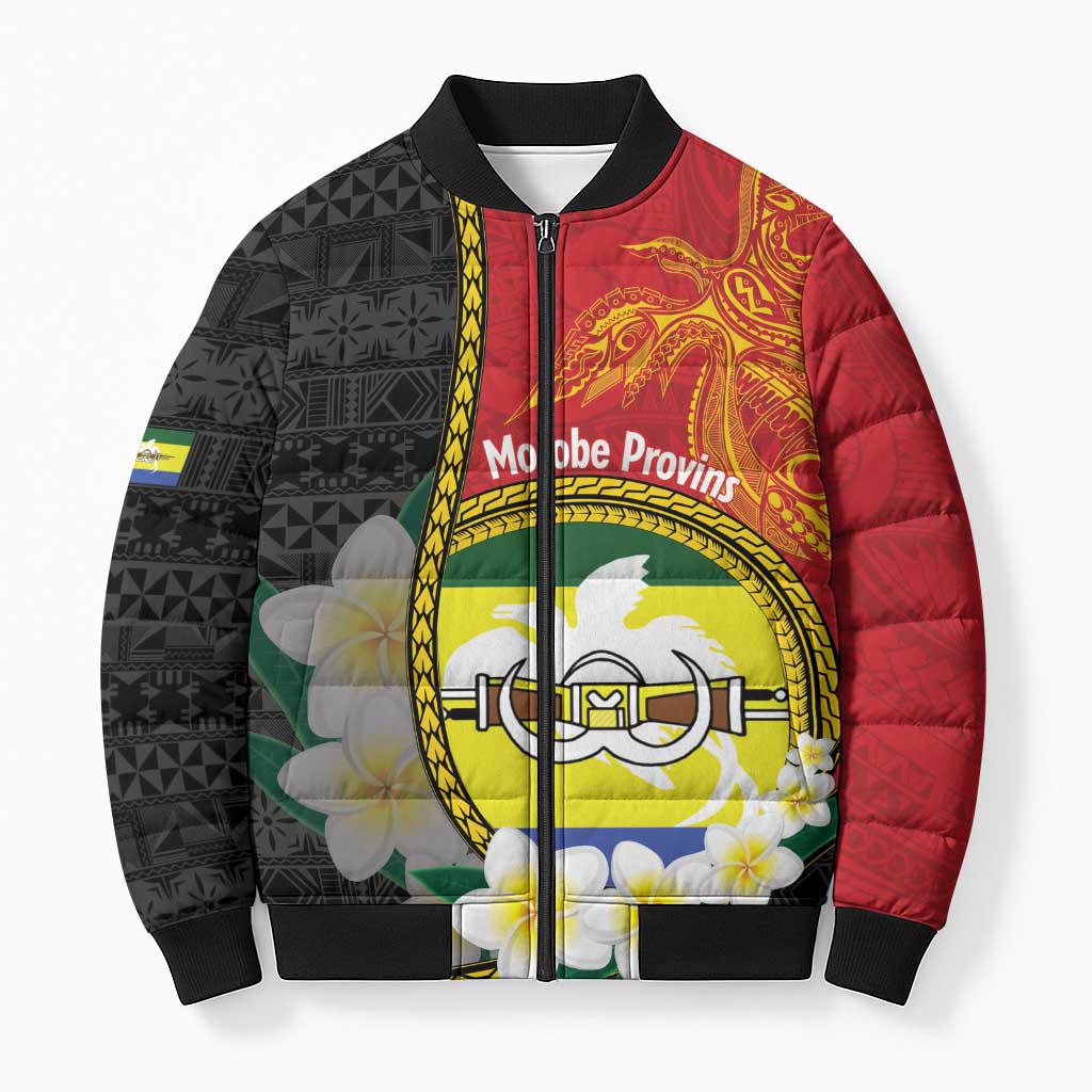 Personalised PNG Morobe Provins Bomber Puffer Jacket Papua New Guinea Plumeria Melanesian Pattern - Polynesian Pride