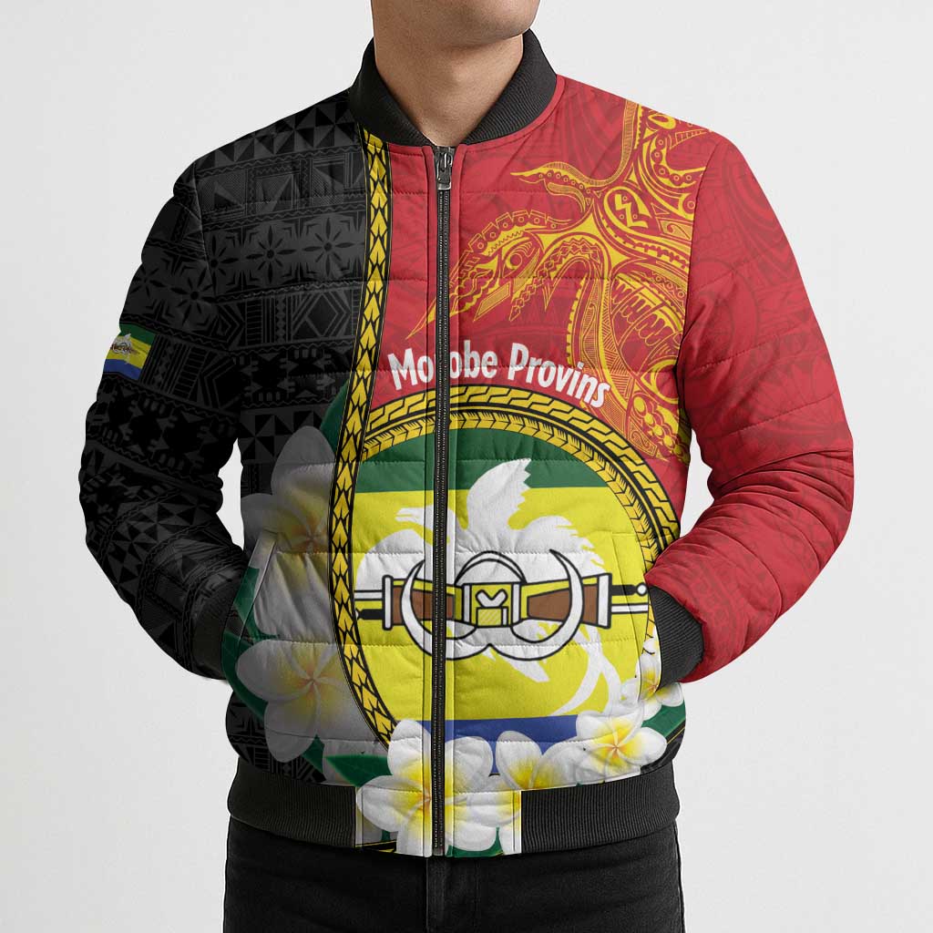 Personalised PNG Morobe Provins Bomber Puffer Jacket Papua New Guinea Plumeria Melanesian Pattern - Polynesian Pride