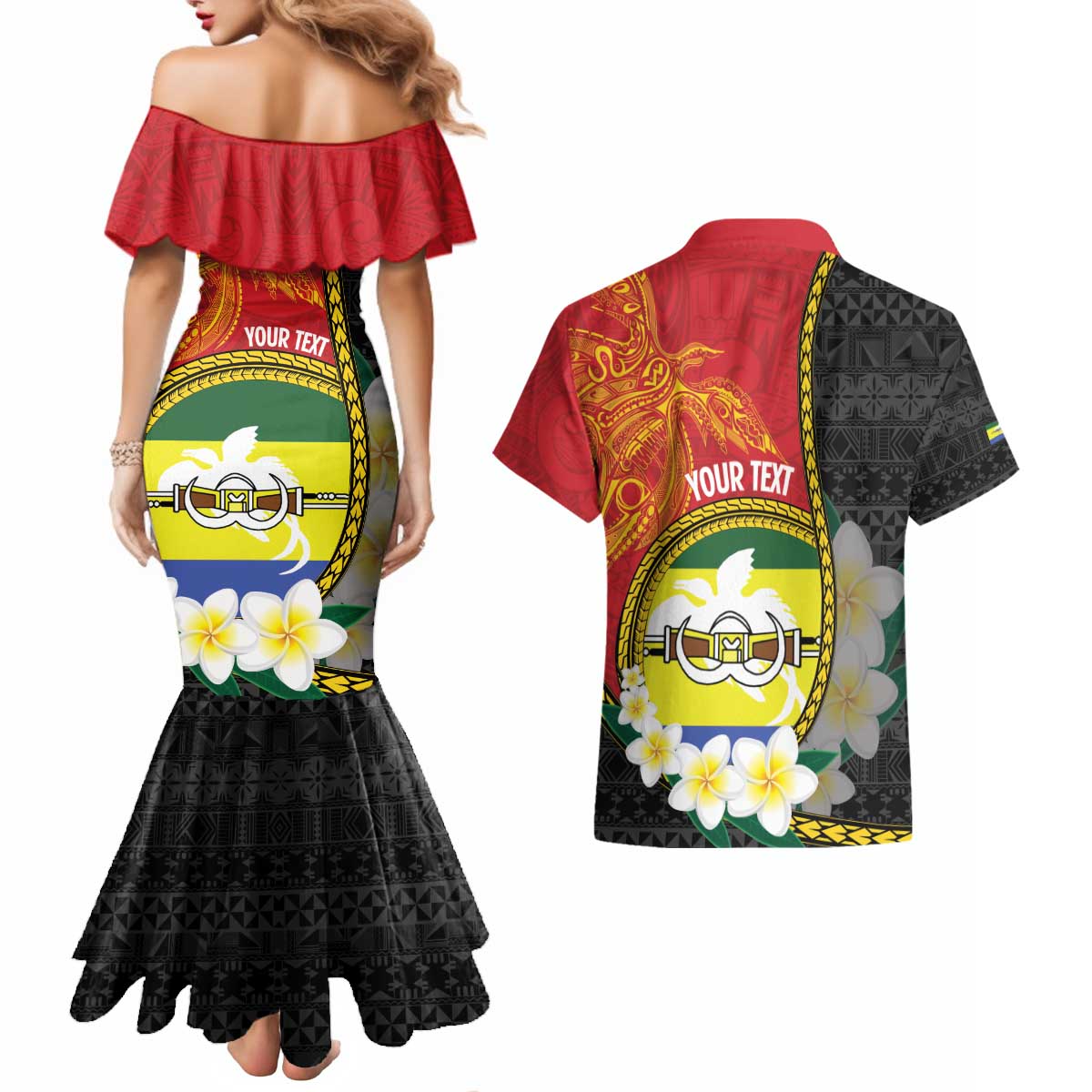 Personalised PNG Morobe Provins Couples Matching Mermaid Dress and Hawaiian Shirt Papua New Guinea Plumeria Melanesian Pattern - Polynesian Pride