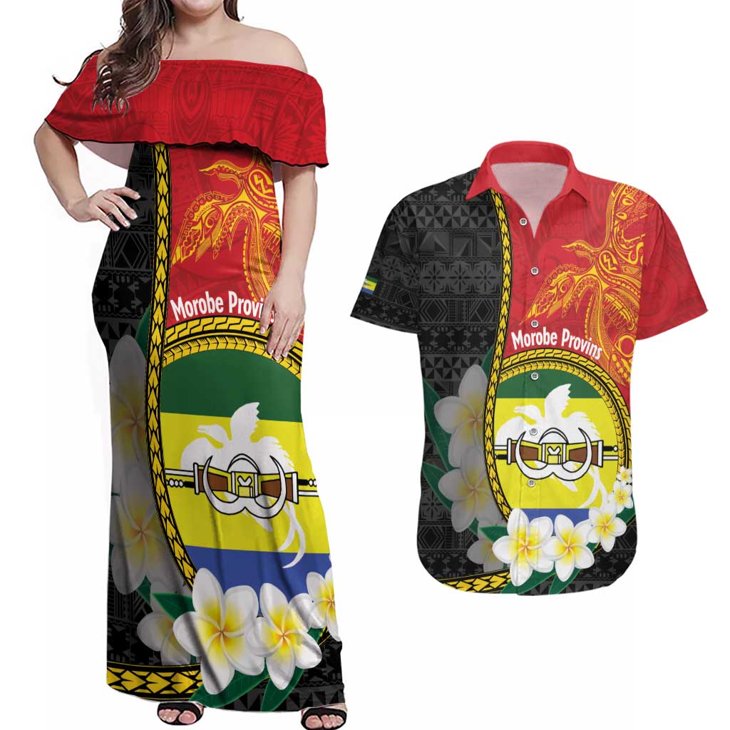 Personalised PNG Morobe Provins Couples Matching Off Shoulder Maxi Dress and Hawaiian Shirt Papua New Guinea Plumeria Melanesian Pattern - Polynesian Pride