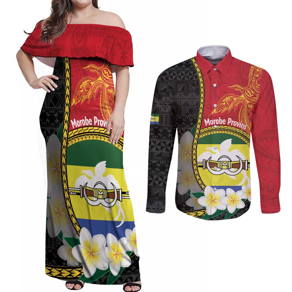 Personalised PNG Morobe Provins Couples Matching Off Shoulder Maxi Dress and Long Sleeve Button Shirt Papua New Guinea Plumeria Melanesian Pattern - Polynesian Pride