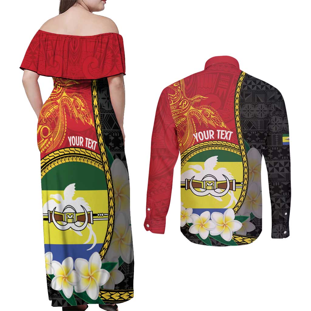 Personalised PNG Morobe Provins Couples Matching Off Shoulder Maxi Dress and Long Sleeve Button Shirt Papua New Guinea Plumeria Melanesian Pattern - Polynesian Pride
