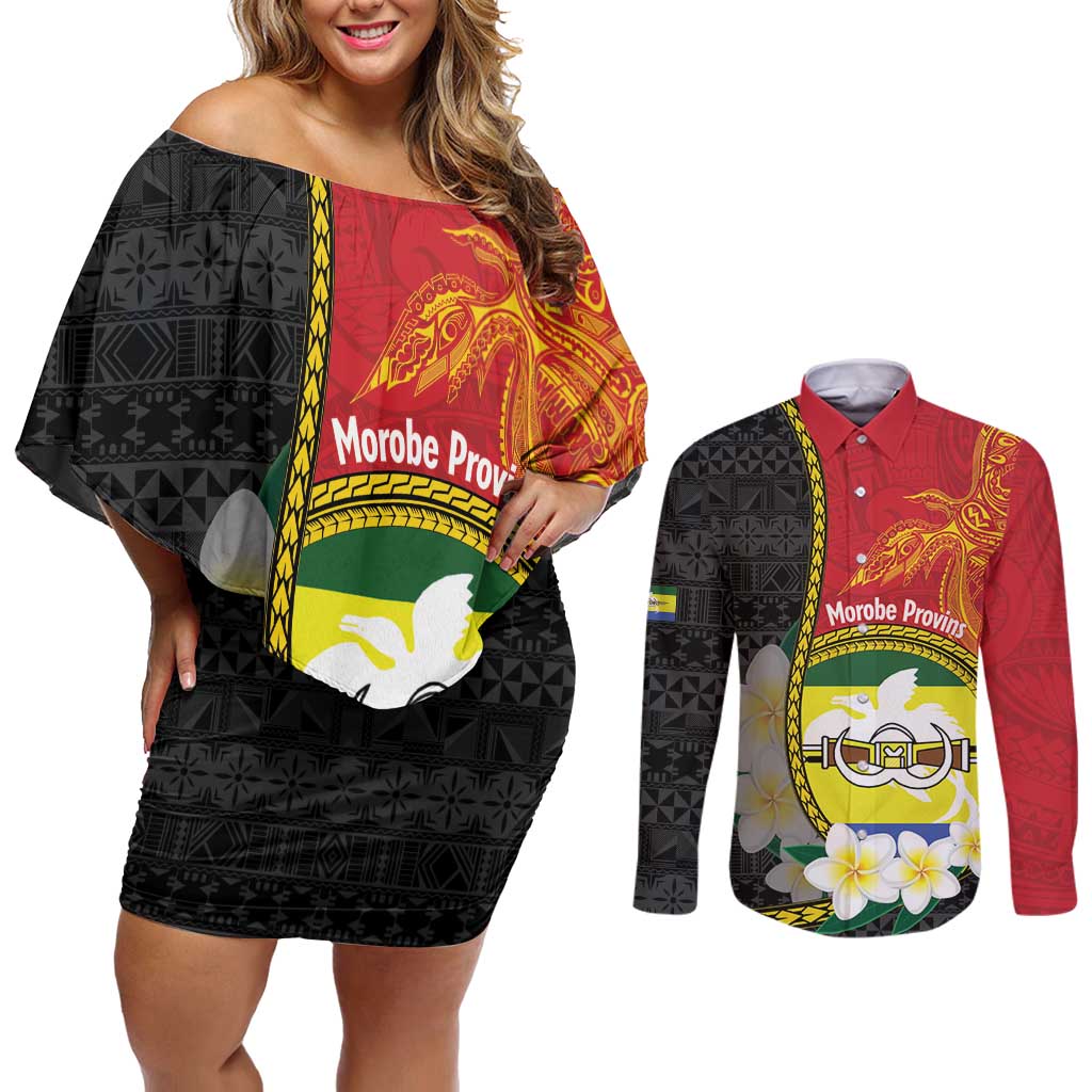 Personalised PNG Morobe Provins Couples Matching Off Shoulder Short Dress and Long Sleeve Button Shirt Papua New Guinea Plumeria Melanesian Pattern - Polynesian Pride