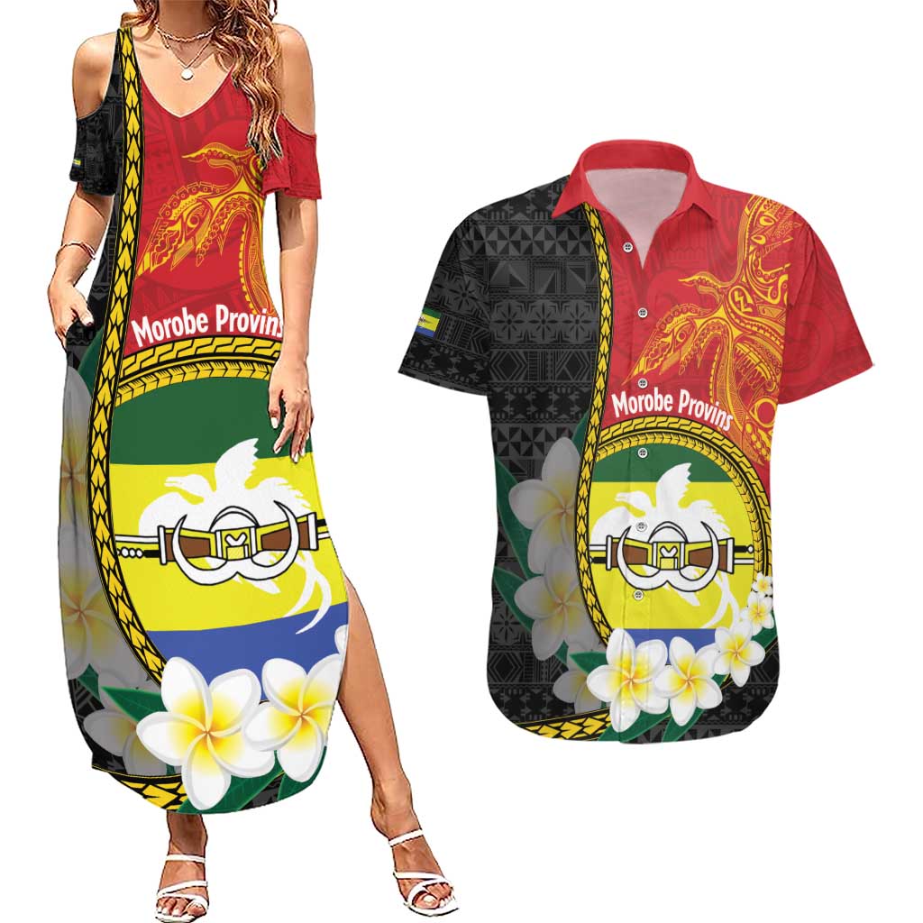 Personalised PNG Morobe Provins Couples Matching Summer Maxi Dress and Hawaiian Shirt Papua New Guinea Plumeria Melanesian Pattern - Polynesian Pride