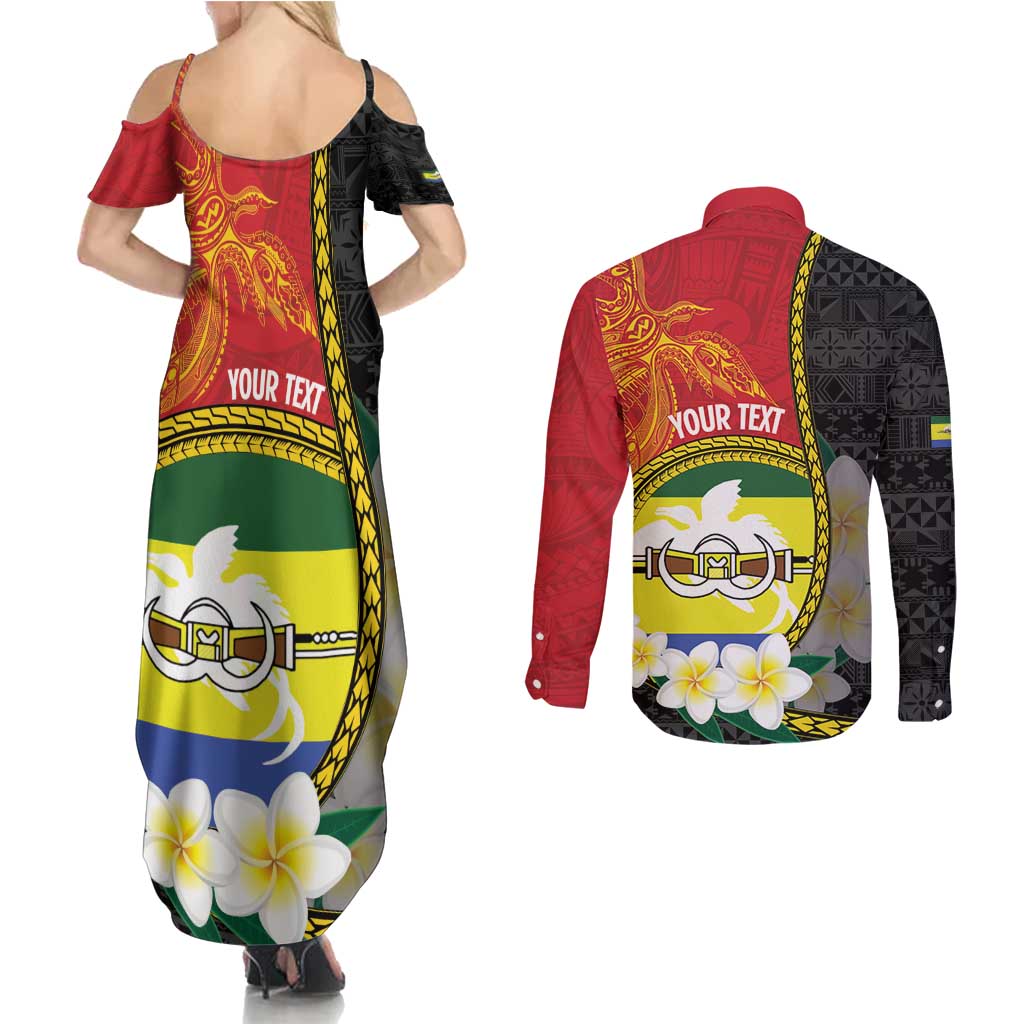 Personalised PNG Morobe Provins Couples Matching Summer Maxi Dress and Long Sleeve Button Shirt Papua New Guinea Plumeria Melanesian Pattern - Polynesian Pride